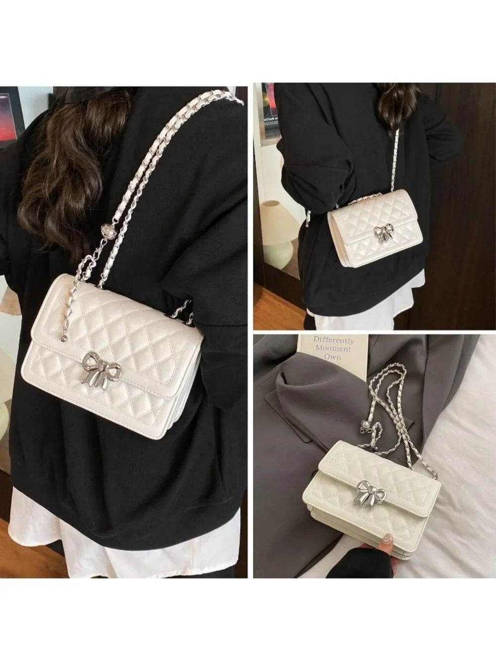 Women's White Quilted Small Pu Leather Shoulder Purse Chain Crossbody Bag